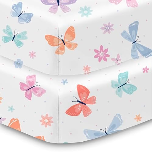Cotton Percale Fitted Sheet for Crib & Toddler Bed Mattress, 52" x 28" (2-Pack), Flutter