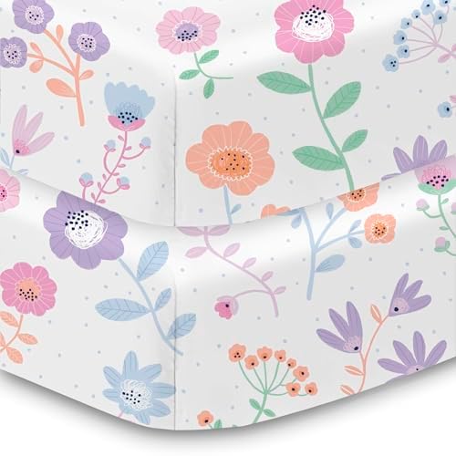 Cotton Percale Fitted Sheet for Crib & Toddler Bed Mattress, 52" x 28" (2-Pack), Blooms