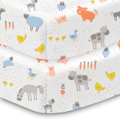 Cotton Percale Fitted Sheet for Crib & Toddler Bed Mattress, 52" x 28" (2-Pack), Farm